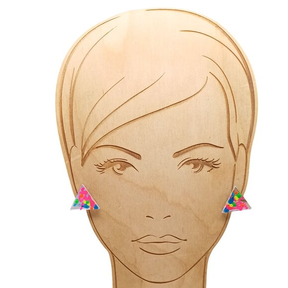 Vintage Triangle Resin Confetti Mirror Earrings with Bright Neon Splatter Accent - Picture 3 of 5